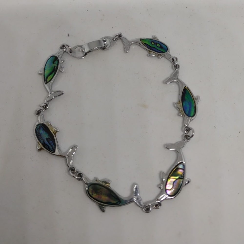 Silvertone Multi Link 7" Bracelet Paua Shell Blue & Greens Dolphins Fold over